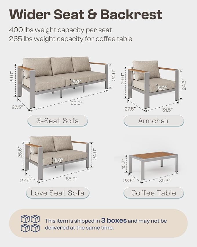 Aluminum Outdoor Patio Furniture, 3 Seats All-Weather Outdoor Patio Sofa with Washable Thick Cushion, Patio Sofa Couch for Porch, Balcony, Deck, Yard, Silver