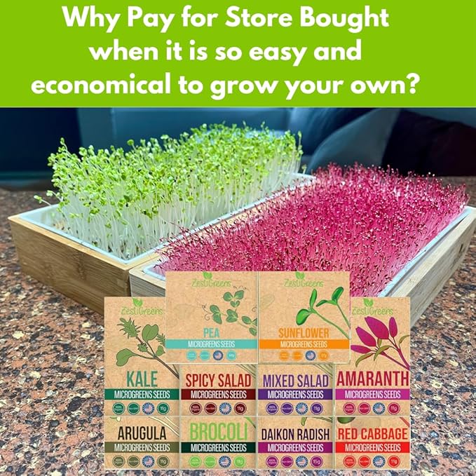 10 Variety Pack Microgreens Seeds - Broccoli, Sunflower, Pea, Salad Mix, Daikon Radish, Kale, Amaranth, Spicy Salad, Red Cabbage, & Arugula. Grow Your own Microgreens with These Organic Seeds.