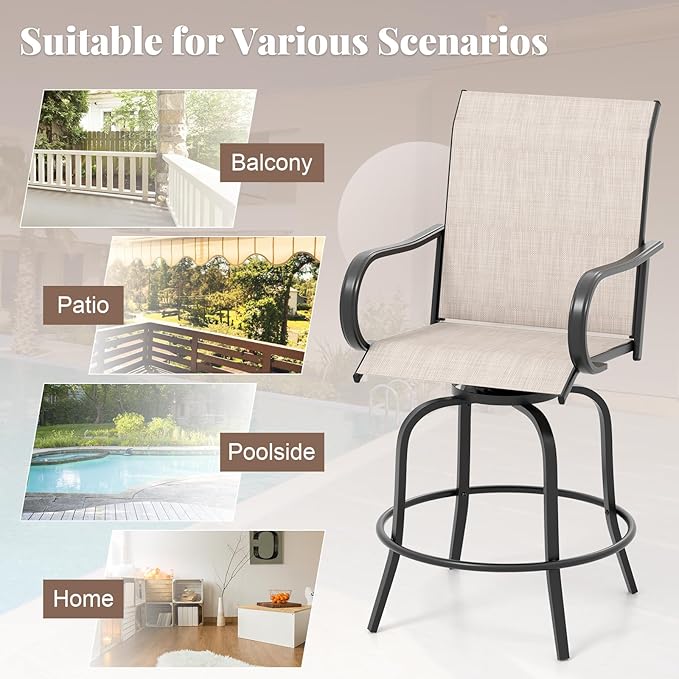 Giantex Set of 2 Swivel Outdoor Bar Stools, All-Weather Bar Height Patio Chairs, 330LBS Capacity, 360 Rotating Outside Bar Chairs with High Back Armrests, for Porch Yard Lawn Garden Pool (Grey)