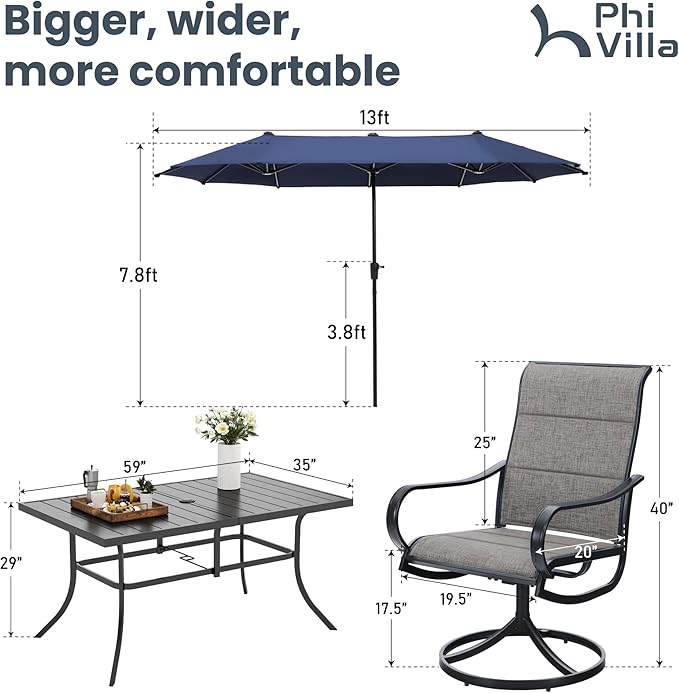PHI VILLA 8 Piece Patio Dining Set with 13ft Patio Umbrella (Navy Blue), 6 Outdoor Padded Swivel Dining Chairs & 1 Large Metal Dining Table with 1.9" Umbrella Hole, for Lawn Garden Backyard