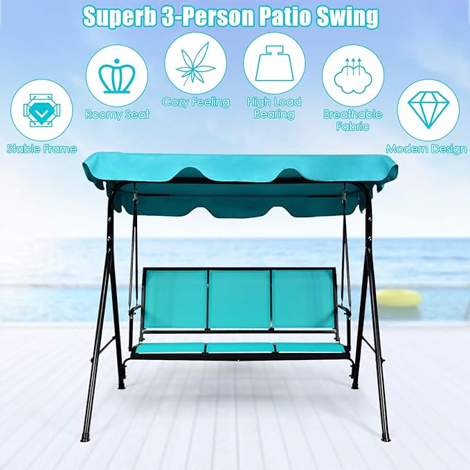 TANGKULA 3 Person Patio Swing, Steel Frame with Polyester Angle Adjustable Canopy, All Weather Resistant Swing Bench, Suitable for Patio, Garden, Poolside, Balcony (Turquoise)