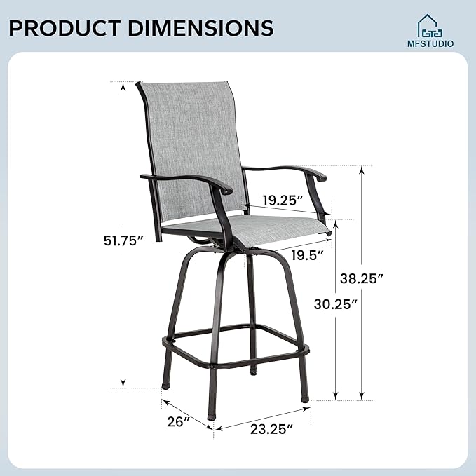 MFSTUDIO Outdoor Bar Stools Set of 6, Swivel Bar Height Patio Chairs Outdoor Barstools High Top Patio Swivel Bar Chairs, Breathable Textilene, Light Grey