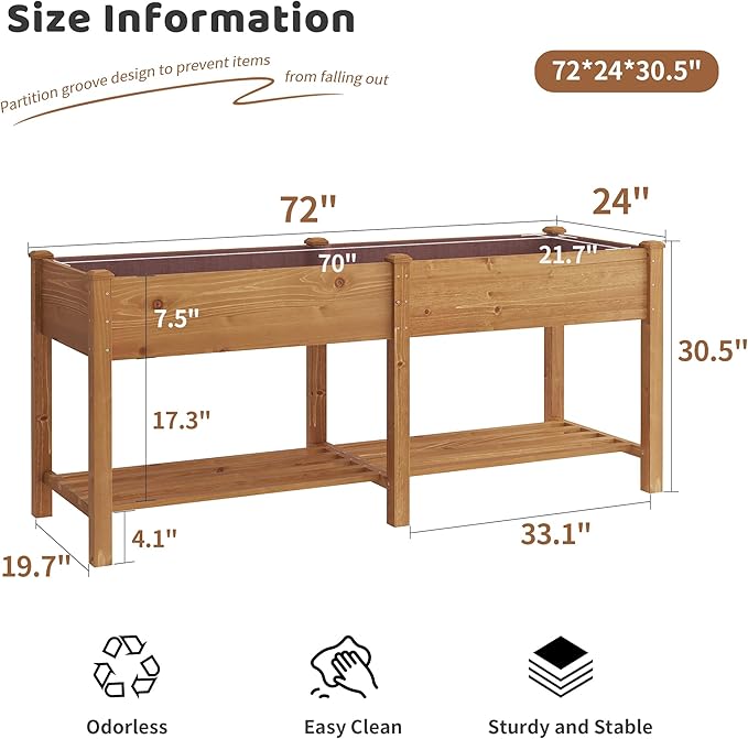 FILWH Raised Garden Bed with Legs Elevated Wooden Planter Box Stand Large Planter Stand Box for Fruits Vegetables Flowers with Divider with Bag- 72 * 24 * 30.5IN(Brown)