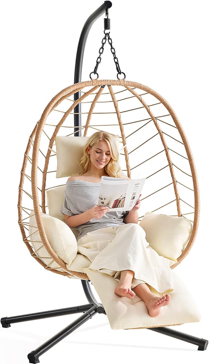 ONBRILL Hanging Egg Chair with Adjustable Footrest & Stand, Wicker Rattan Swing Hammock Chair with Cushion & Double Chains, 350LBS Capacity for Outdoor & Indoor Patio, Deck, Bedroom, Balcony (YE-BE)