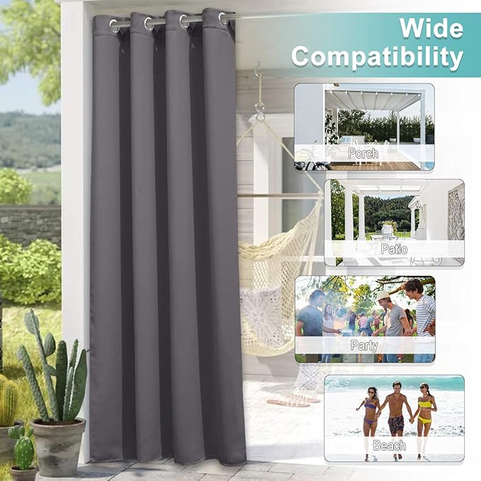 NICETOWN Outdoor Curtains for Patio W100 x L95 inch 2 Pieces, Sun Blocking Screen Shades 100% Privacy for Porch, Pergola, Lanai, Outside Deck, Weatherproof Blinds for All Season, Grey
