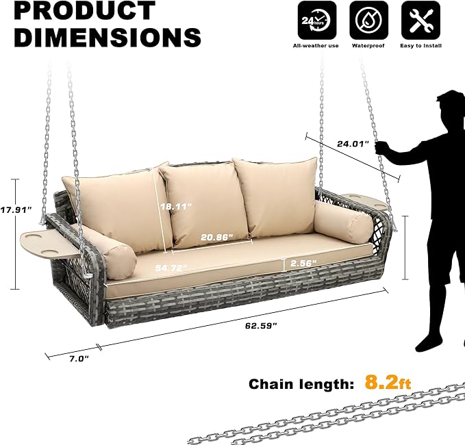 Outdoor Wicker Patio Porch Swing - 3 Person Swing Outdoor Hanging Porch Swing Seat Bench with Chains for Yard, Deck, Garden (Grey Rattan Khaki Cushion)