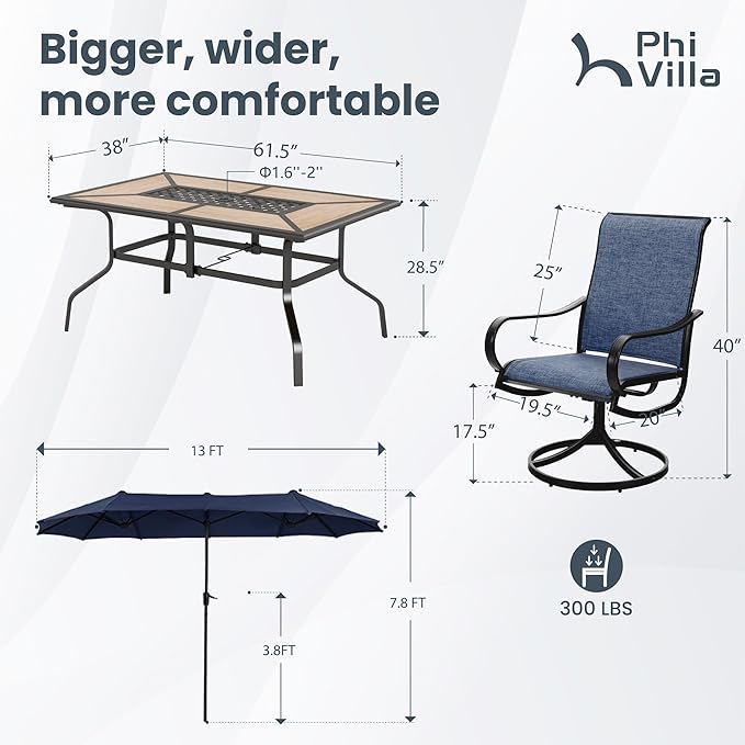 PHI VILLA Patio Dining Set with Umbrella for 6 Person, Outdoor Swivel Dining Chairs & 1 Large Wooden-Like Top Table with 13ft Navy Blue Outdoor Umbrella(No Base) for Deck Lawn Garden Backyard