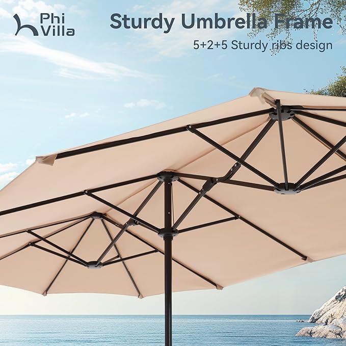 PHI VILLA 8 Piece Patio Dining Set with 13ft Patio Umbrella (Beige), 6 Outdoor Swivel Dining Chairs & 1 Large Metal Dining Table with 1.57" Umbrella Hole, for Lawn Garden Backyard