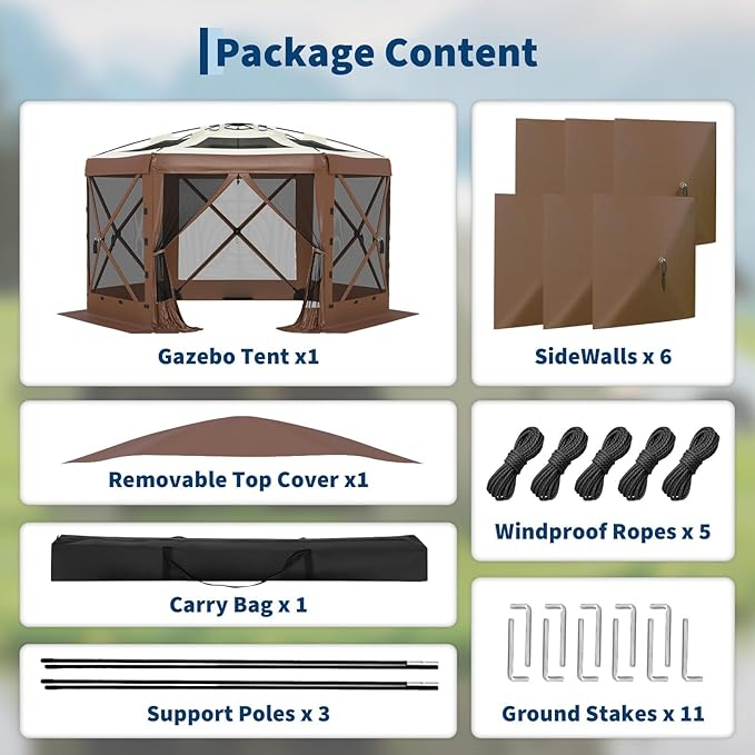 11.5x11.5FT 6-Sided Pop Up Gazebo Tent,One-Push Setup Canopy Tent with Mesh Panels & Removable Wind Cloths, Outdoor shelter for Camping, Backyard Parties, Outdoor Events - Beige & Khaki
