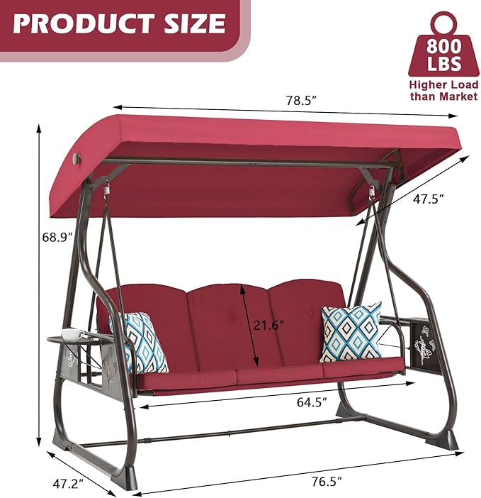 3-Seat Patio Porch Swing 800LBS Outdoor Swing with Stand w/Canopy & Adjustable Backrest Patio Glider Chair w/Removable Pillows & Foldable Side Tray for Balcony Garden Deck (Wine Red)