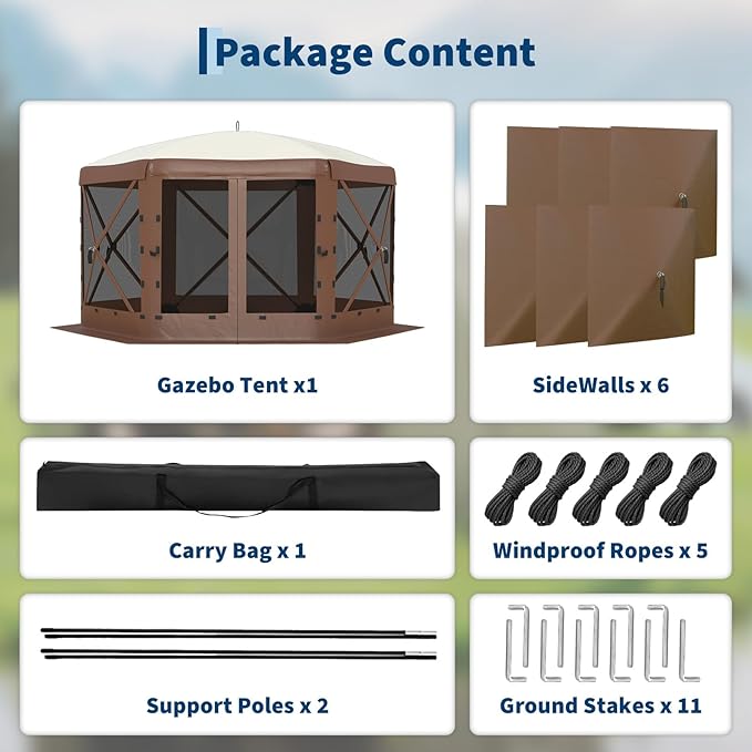 13x13FT 6-Sided Pop Up Gazebo Tent,One-Push Setup Canopy Tent with Removable Canopy Top & Wind Cloths, Outdoor shelter for Camping, Backyard Parties, Outdoor Events - Beige & Khaki
