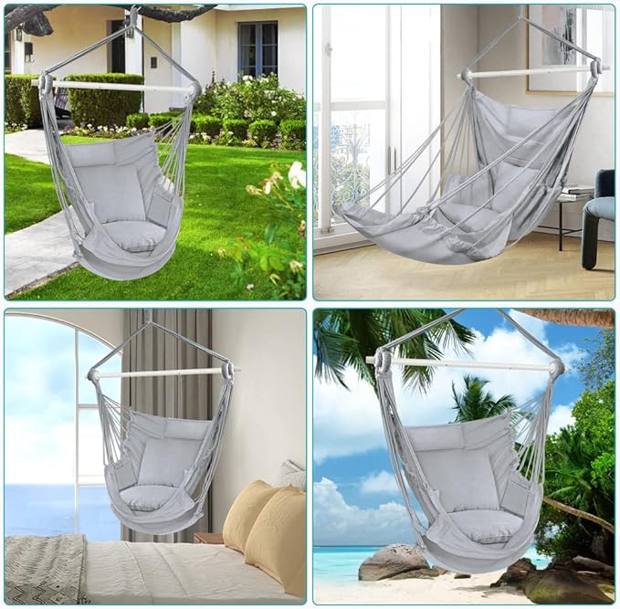 Outerman Hammock Chair, Hanging Chair with 3 Cushions and Foot Rest Support, Sturdy Metal Spreader Bar Max 440 Lbs, Swing Chair for Bedroom, Indoor & Outdoor, Patio, Porch or Tree(Gray)