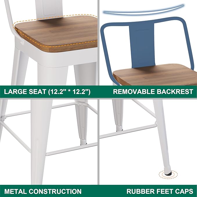 WENTMENT Metal Bar Stools Set of 2 Counter Height Barstools with Removable Back 26" Kitchen Bar Stools with Wooden Seat,Off White