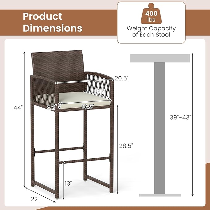 Tangkula Patio Bar Stools Set of 4, PE Rattan Bar Height Chairs with Backrests, Armrests, Footrests & Soft Cushions, Outdoor High Top Barstools with Metal Frames for Backyard (4 Pack)