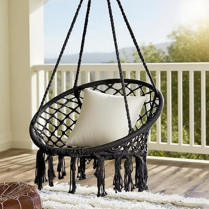 Goutime Hammock Chair, Macrame Hanging Indoor Swing Chairs with Hardware Kit,Adult Boho Swinging Swings for Outside,Patio,Balcony,Bedroom (Black (Pillows are not Included))