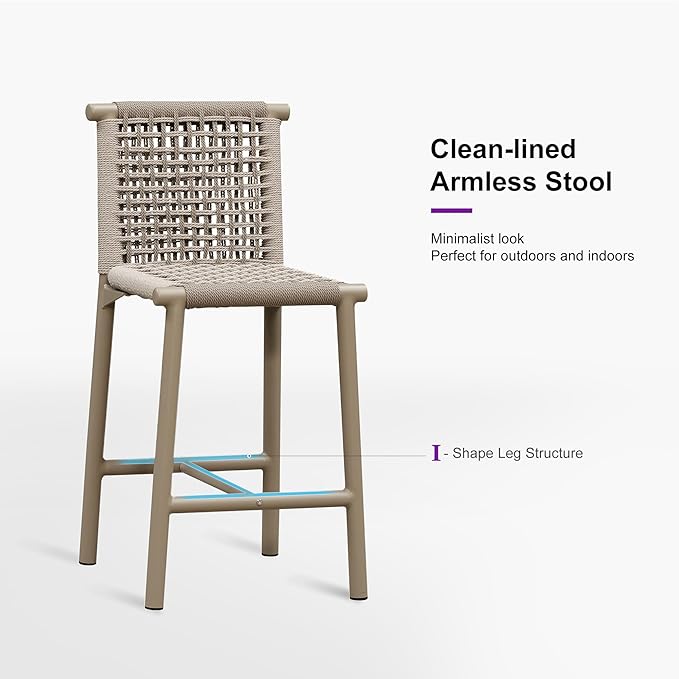 PURPLE LEAF Counter Height Stools Set of 2 with Back Aluminum Patio Bar Stools for Pool Lawn Kitchen All Weather Wicker Outdoor Bar Chairs Champagne