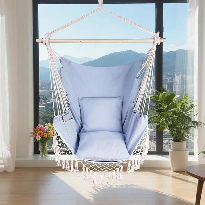 Hammock Chair Hanging Rope Swing Chair,Max 450 Lbs, Large Hanging Chair with Pocket, 2 Cushions, Steel Bar with Anti-Slip Rings, Hardware Kit Included, Comfortable for Indoor Outdoor (Blue)