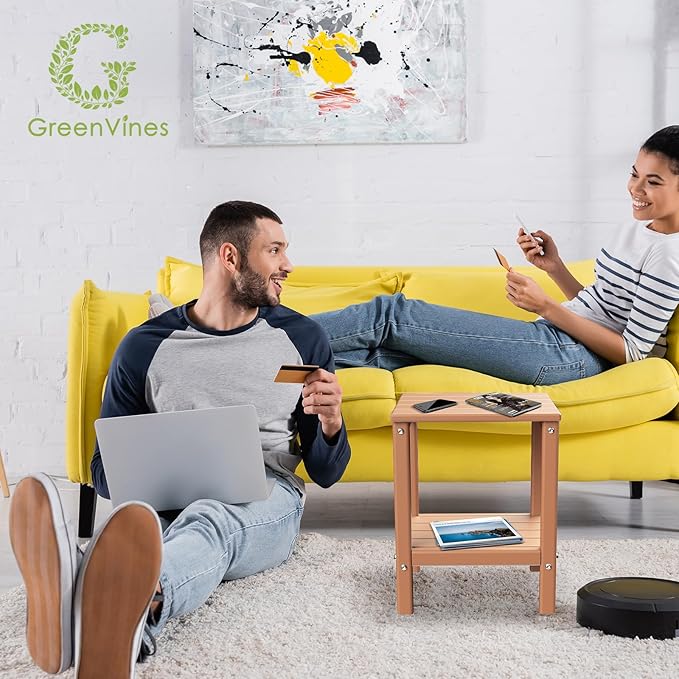 GREENVINES Adirondack-Outdoor-Side-Table | 14 x 13 Inches | HDPE Plastic | All Weather | Teak | Outside End Tables | Storage Shelf | for Patio Porch Backyard Indoor