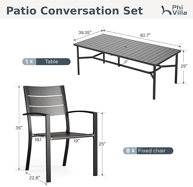 PHI VILLA 9 Pieces Outdoor Patio Dining Set for 8, 83" Rectangular Black Metal Steel Table with Umbrella Hole & Stackable Wrought Iron Chairs, Large Outside Furniture for Deck, Backyard, Porch