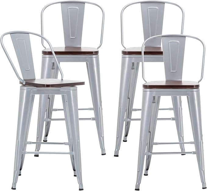 Alunaune 30" Swivel Metal Bar Stools Set of 4 High Back Counter Height Barstools Kitchen Dining Bar Chairs Industrial with Large Wooden Seat-Silver