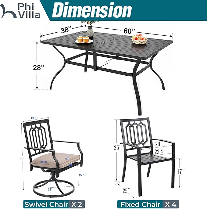 PHI VILLA 7 Pieces Outdoor Dining Set for 6, 60” Black Rectangular Metal Table with Umbrella Hole & Fixed Swivel Chairs Combo, Heavy-Duty Furniture for Patio, Deck, Backyard, Porch