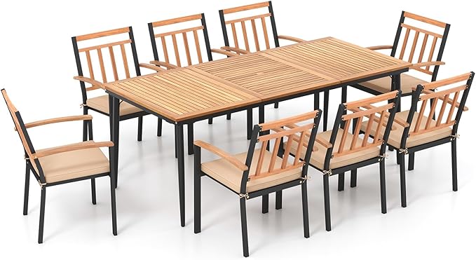 Tangkula 9-Piece Patio Dining Set, 79" Rectangle Dining Tables with 8 Wooden Armchairs, Outdoor Acacia Wood Dining Furniture Set with 1.9" Umbrella Hole for Garden, Porch, Deck