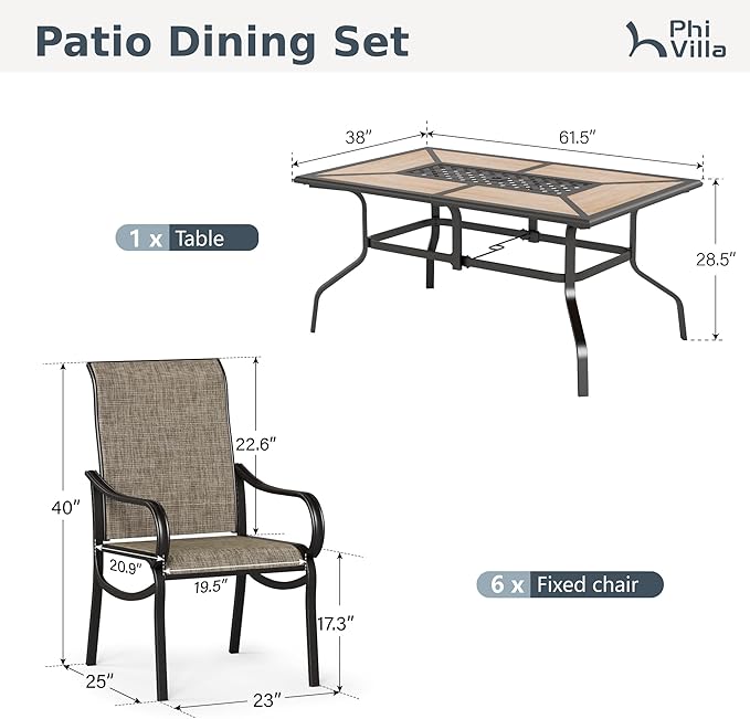 PHI VILLA 7 Piece Outdoor Table and Chairs Set, 6 High Back Fixed Chairs and PVC Wooden-Like Table with Umbrella Holes, All Weather Patio Furniture Set for Deck Garden Yard