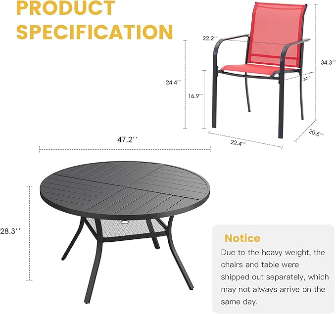 VICLLAX Patio Table and Chair Set of 6, All Weather Metal Round Outdoor Dining Furniture Set-47 Round Outdoor Table and Chairs, Black Tabletop