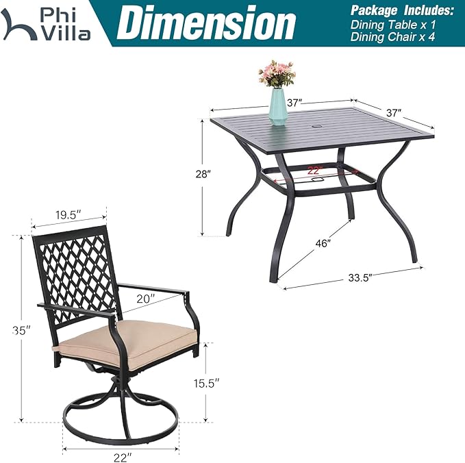 PHI VILLA 5 Pieces Outdoor Dining Set for 4, 37" Black Metal Table with Umbrella Hole & Swivel Wrought Iron Chairs with Cushions, Outside Furniture for Patio, Deck, Yard, Porch