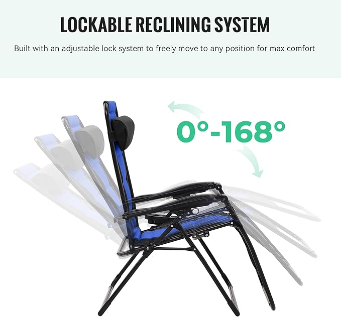 JEAREY Oversized Padded Zero Gravity Chairs Set of 2, Folding Lounge Chair Outdoor Patio Recliner, Anti Gravity Chair for Backyard with Headrest, Cup Holder, Side Tray, Polyester Mesh - Black/Blue