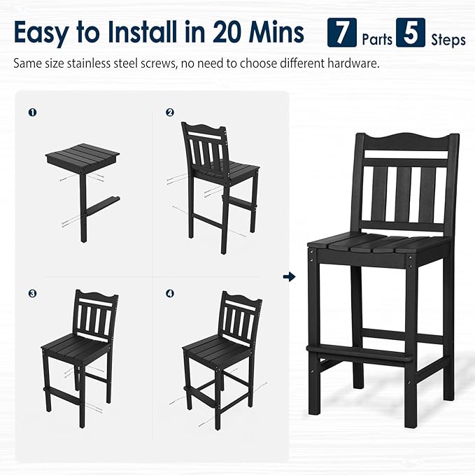 nalone Outdoor Bar Stool, HDPE Tall Adirondack Chair Bar Chair, Weather Resistance Bar Height Chairs for Balcony, Garden, Yard, Backyard (Black, Bar Chair)