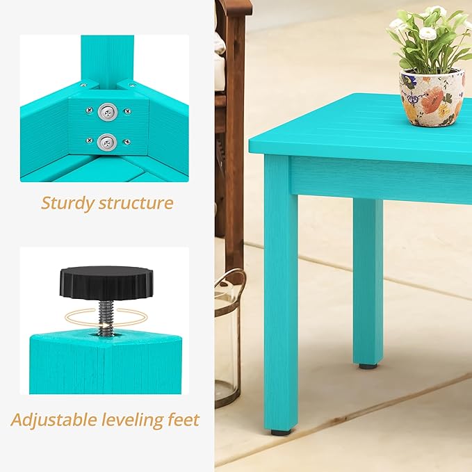 LUE BONA Outdoor Coffee Table Rectangle, HDPS Patio Coffee Tables for Outside, All Weather Patio Coffee Table with Slatted Tabletop for Deck, Garden, Balcony, Indoor or Outdoor Use, Aruba Blue
