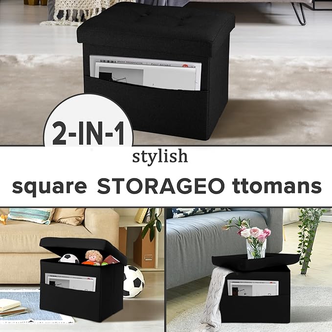 LINMAGCO Storage Ottoman Folding Foot Stool Foot Rest with Side Pocket Modern Ottoman with Storage Short Sofa Stool Linen Cloth 17x13x13(Black)