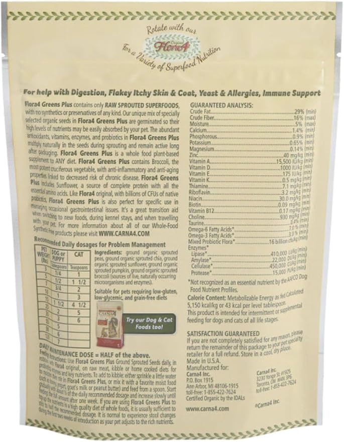 CARNA4 Flora4 Sprouted Seeds Food Topper for Dogs & Cats, Greens Plus Blend with Broccoli & Chia, Rich in Natural Probiotics & Digestive Enzymes, Synthetic-Free Whole Food Supplement 18oz
