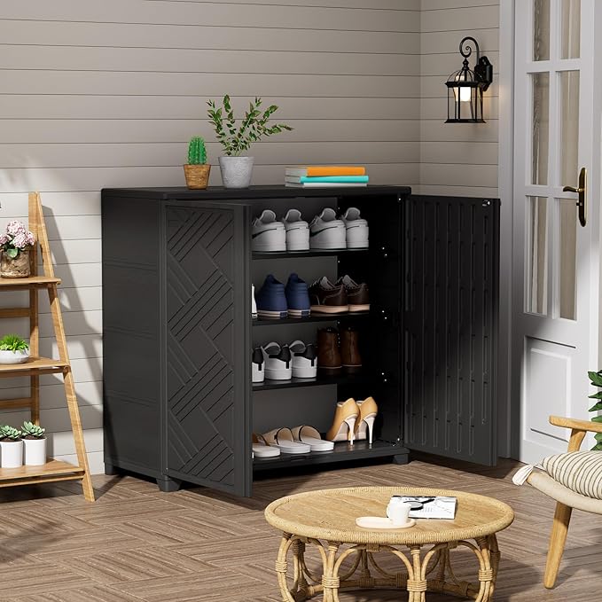 ZZM Indoor/Outdoor Storage Cabinet Waterproof, 34"x15"x34" Plastic Outdoor Storage Box for Garden Balcony Bathroom, All Weather Outdoor Storage Clearance, DIY Usage, with 1 Shelf (Black)