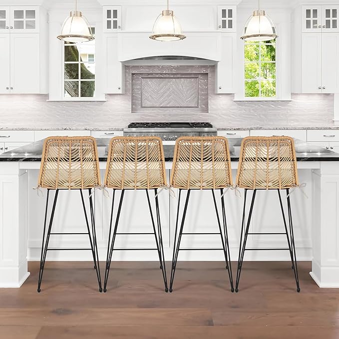 IDZO 400lbs Capacity Rattan Outdoor Counter Stools, 24" Tall, Set of 2, Comfort Cushion, Solid Steel Frame, Easy Assembly, Use for Outdoor & Indoor, Ideal for Patio & Kitchen Island