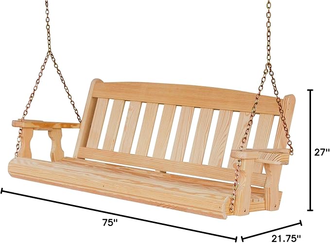 Amish Casual Heavy Duty Mission Treated Porch Swing, 6-Foot, Unfinished, 8Ft Chains, with Cups