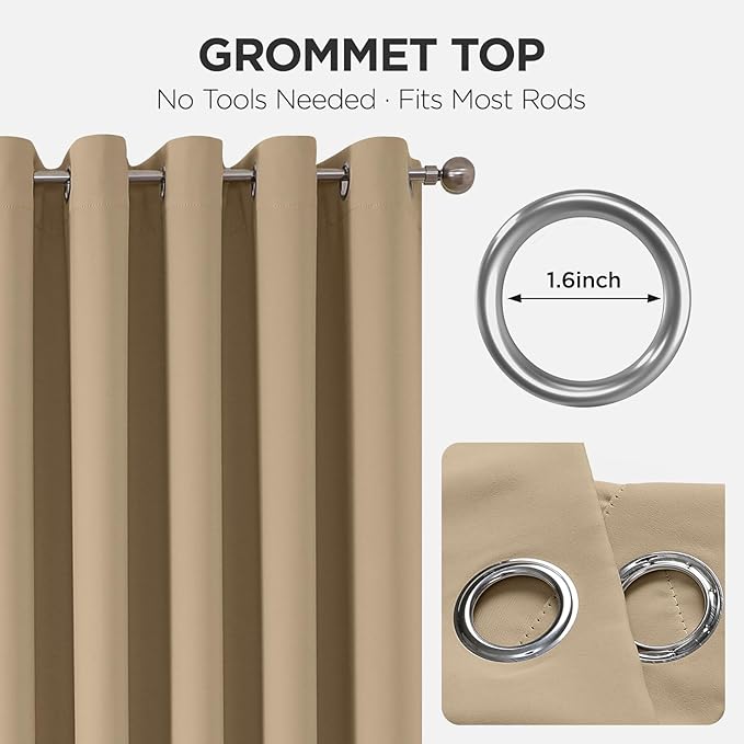 Joydeco Blackout Patio Sliding Door Curtains 108 Inches Long, Grommet Privacy Room Divider Curtains, Extra Wide Thermal Blackout Drapes for Bedroom Living Room (Light Beige, 80Wx108L, 1 Panel)