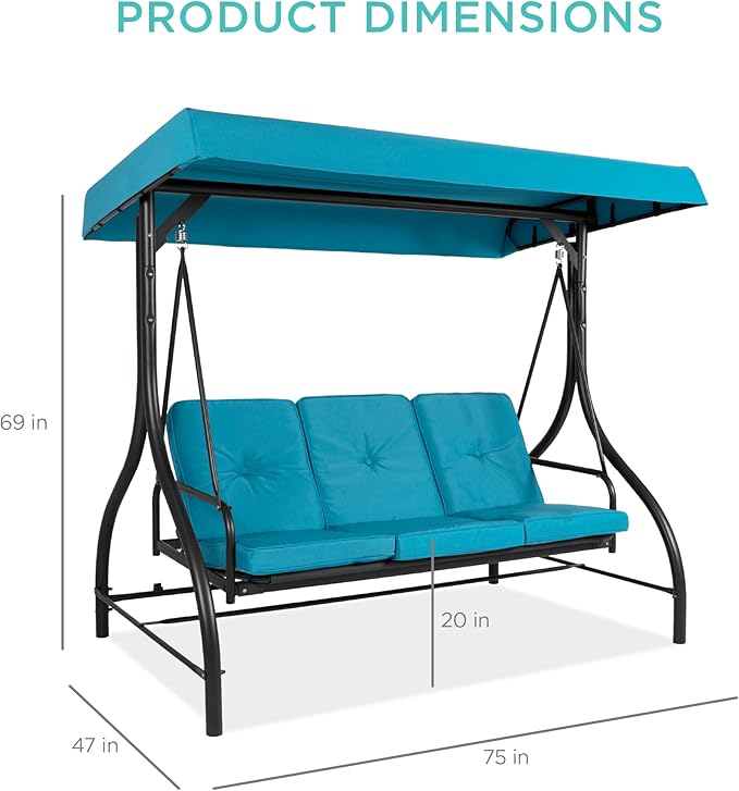 Best Choice Products 3-Seat Outdoor Large Converting Canopy Swing Glider, Patio Hammock Lounge Chair for Porch, Backyard w/Flatbed, Adjustable Shade, Removable Cushions - Sky Blue