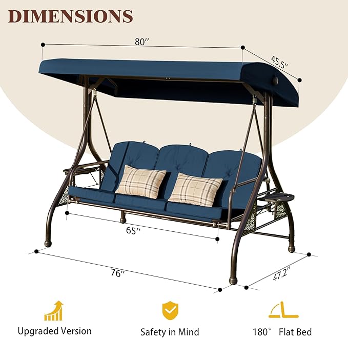 Upgrade 180° Convertible Outdoor Swing for Adults, Outdoor Porch Swing with Stand 800lb Bearing Capacity, 3-Seat Outdoor Swing with Canopy Adjustable, Thickened Cushions (Round, Blue)