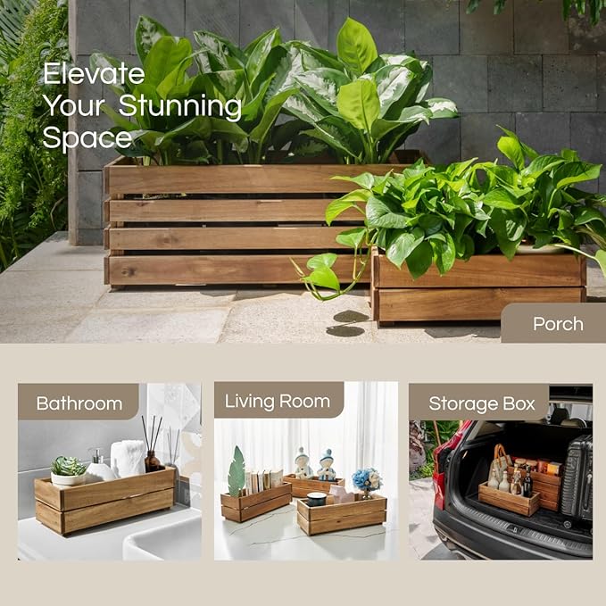 Wooden Planter Box, Storage Box 17βL x6βW x5.5βH with Crate Style, Acacia Wood Flower Container, Rustic Rectangle Planter for Planting, Decor and Storage - 3 Colors (Golden Teak)