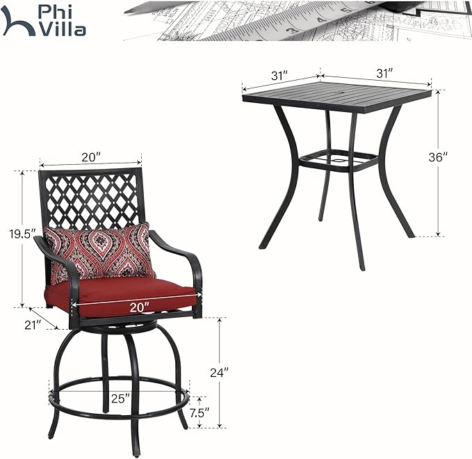 PHI VILLA 3 Piece Outdoor Bar Furniture Set, Counter-Height Patio Bistro Table & Swivel Bar Stools Chairs with Red Cushion for Garden, Backyard, Deck