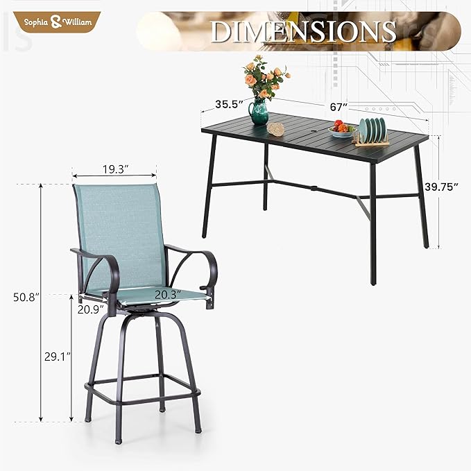 Sophia & William Outdoor Bar Set, Patio Bar Table and Chairs Set, Bar Height Patio Set - 4 x Swivel Bar Chairs(Baby-Blue), 1 x Rectangular Bar Table(Black)