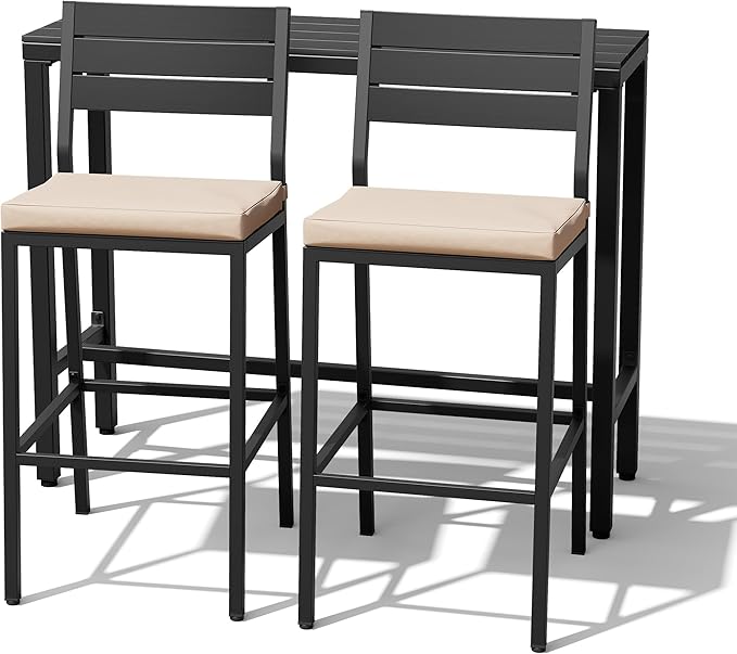 Crestlive Products Outdoor Bar Table and Chairs Set, 3 Piece Outside Patio Bar Set with 43" Long Bar Table and 2 Bar Stools for Balcony, Bistro, Garden, Backyard(Black Desktop and Beige Cushion)