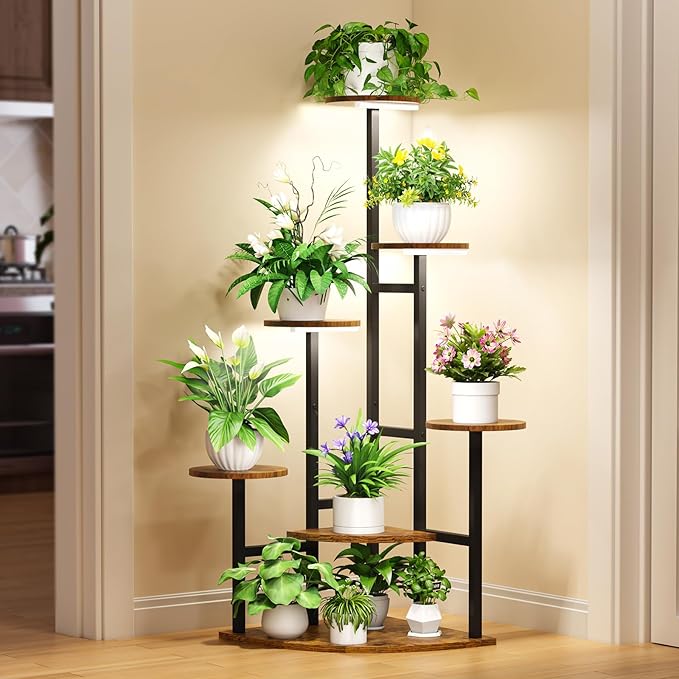 Corner Plant Stand with Grow Lights, 7 Tiered Plant Shelf Indoor, 43" Corner Plant Stands for Indoor Plants, Metal Plant Flower Display Shelves, Plant Organizer Rack for Living Room, Balcony, Home Decor(Round)