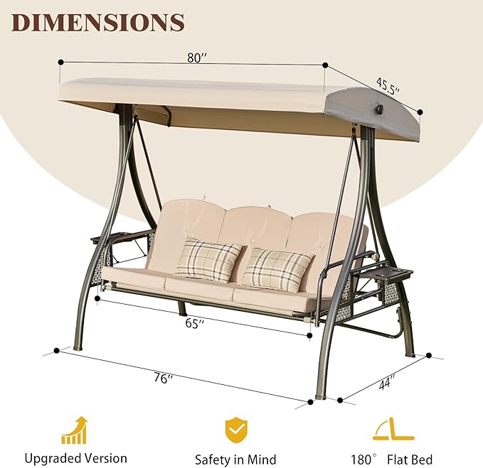 Upgrade 180° Convertible Outdoor Swing for Adults, Outdoor Porch Swing with Stand 800lb Bearing Capacity, 3-Seat Outdoor Swing with Canopy Adjustable, Thickened Cushions (Square, Khaki)