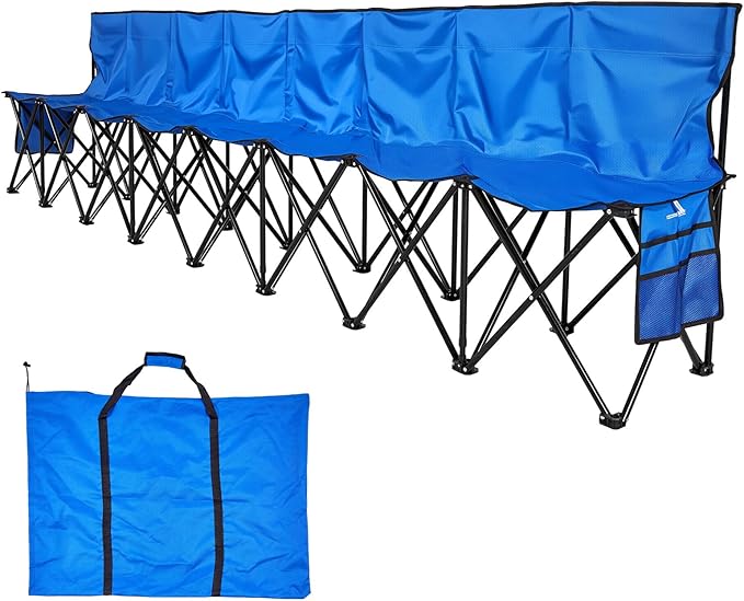 VEVOR Portable Folding Bench, 8 Seat Foldable Soccer Bench with Side Pockets and Carrying Bag, Lightweight Sideline Seating with Back Rest for Football, Baseball, Camping, Outdoor Events, Blue