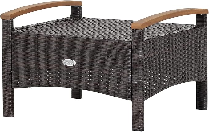 Tangkula 2 Piece Patio Rattan Ottomans, Outdoor Wicker Footstool w/Acacia Wood Handles, Soft Zippered Cushions, 3-in-1 Function Footstool Seat & Side Table for Backyard, Balcony, Poolside (Off White)