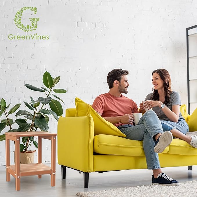 GREENVINES Adirondack-Outdoor-Side-Table | Set of 4 | 14 x 13 Inches | HDPE Plastic | All Weather | Teak | Outside End Tables | Storage Shelf | for Patio Porch Backyard Indoor