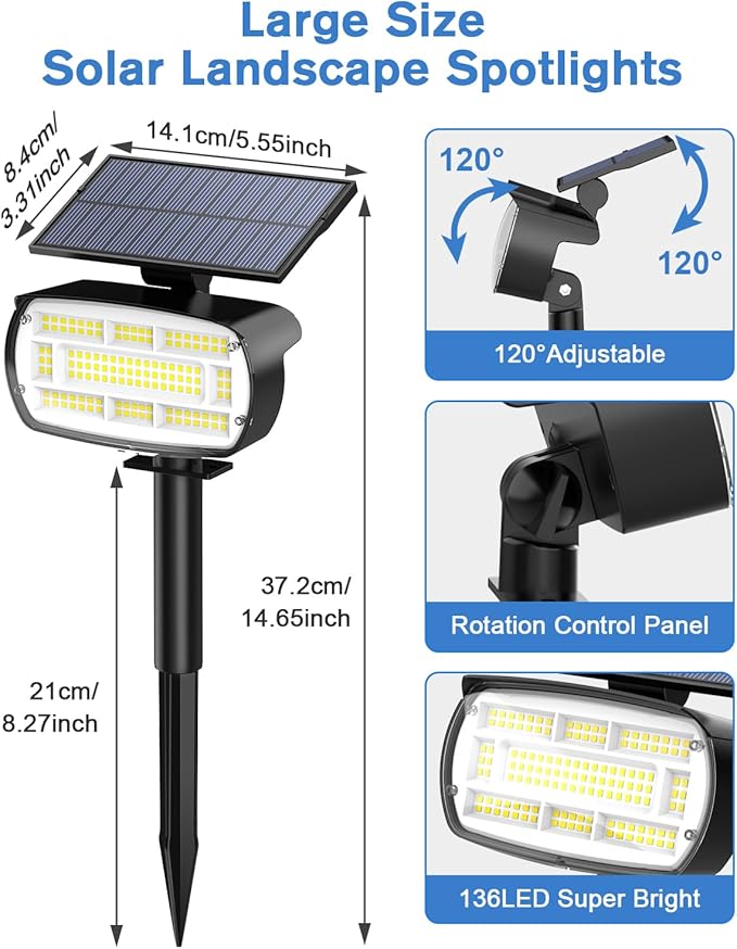 Fabrito Large Solar Spot Lights Outdoor 4 Pack, 1000 Lumens High Brightness, IP65 Waterproof Solar Spotlight with 136 LEDs, Dusk to Dawn Solar Landscape Lights for Yard, Garden, Pathway, Plants(White)